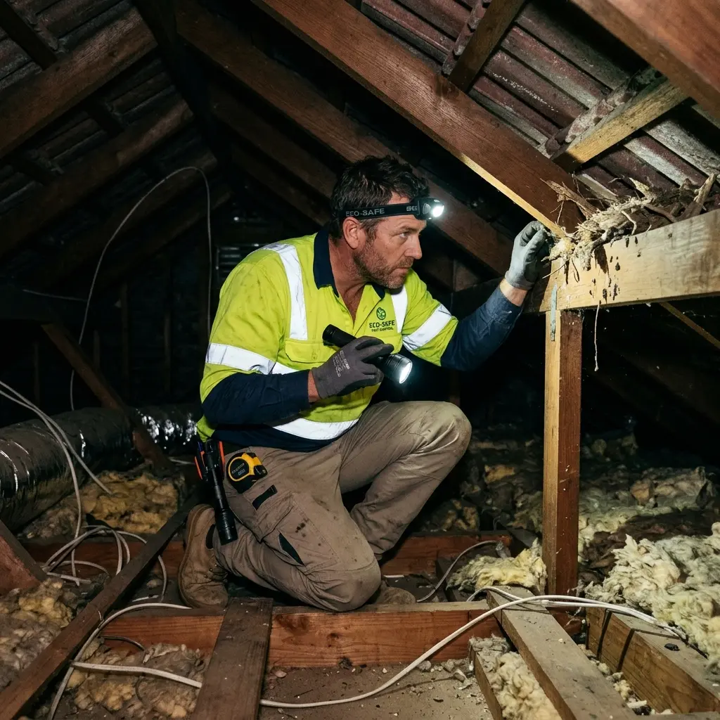 Technician inspecting a roof cavity for a dead animal in Hillside