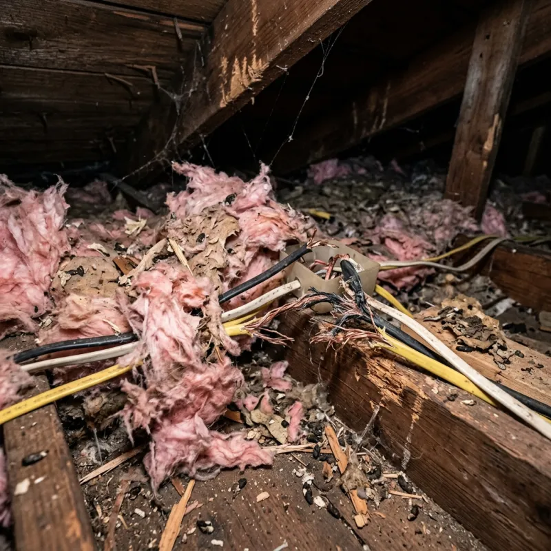 Contaminated ceiling insulation being assessed in a Hillside roof space
