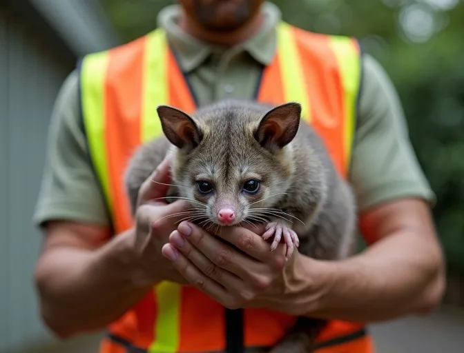 Animal handler safely recovering a deceased possum in Hillside