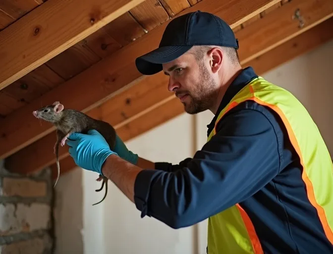 Technician inspecting a roof cavity for a dead rat in Hillside